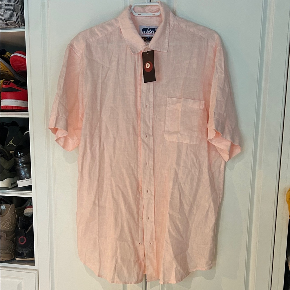 NEW! LOVE BRAND & CO. 100% linen Men's Peach/pink Short Sleeve Shirt. XL